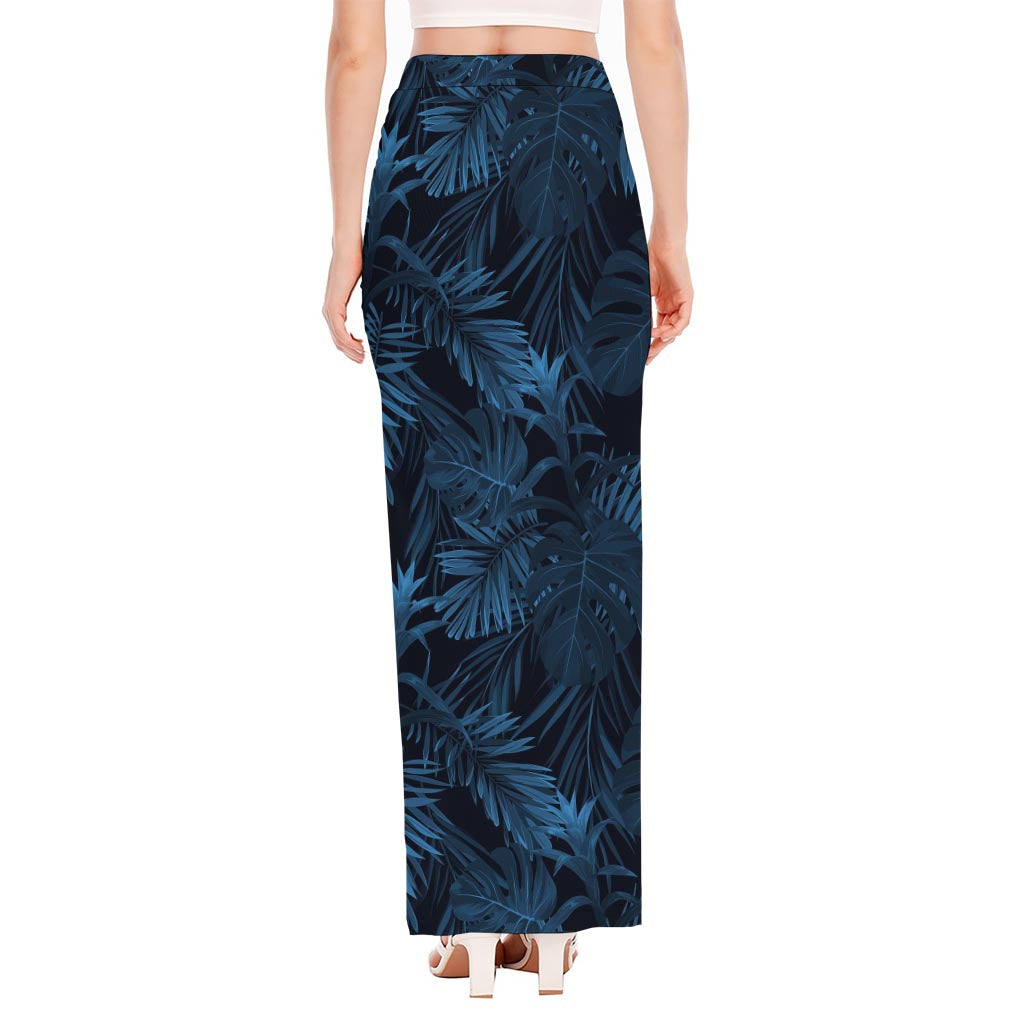 Dark Blue Tropical Leaf Pattern Print High Slit Maxi Skirt