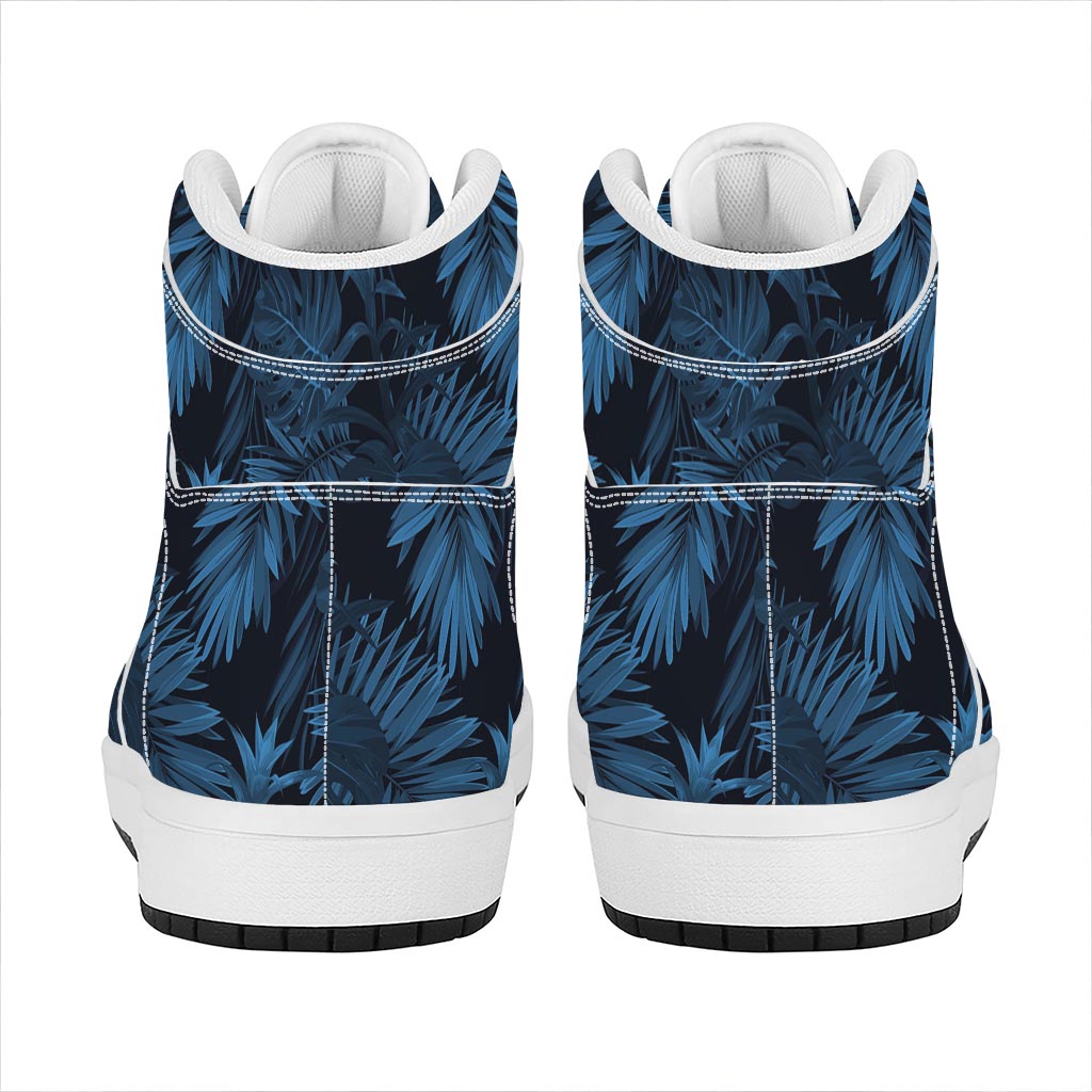 Dark Blue Tropical Leaf Pattern Print High Top Leather Sneakers