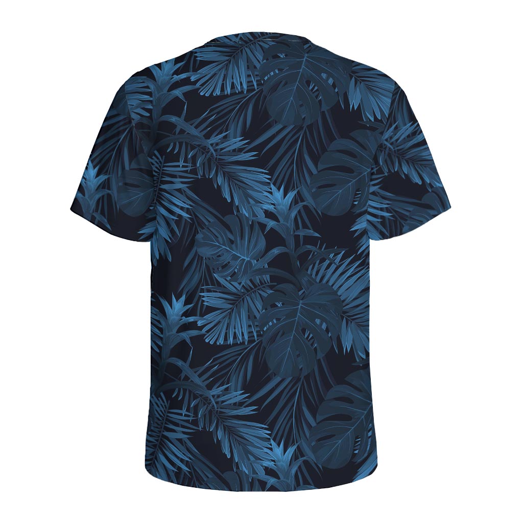Dark Blue Tropical Leaf Pattern Print Men's Sports T-Shirt