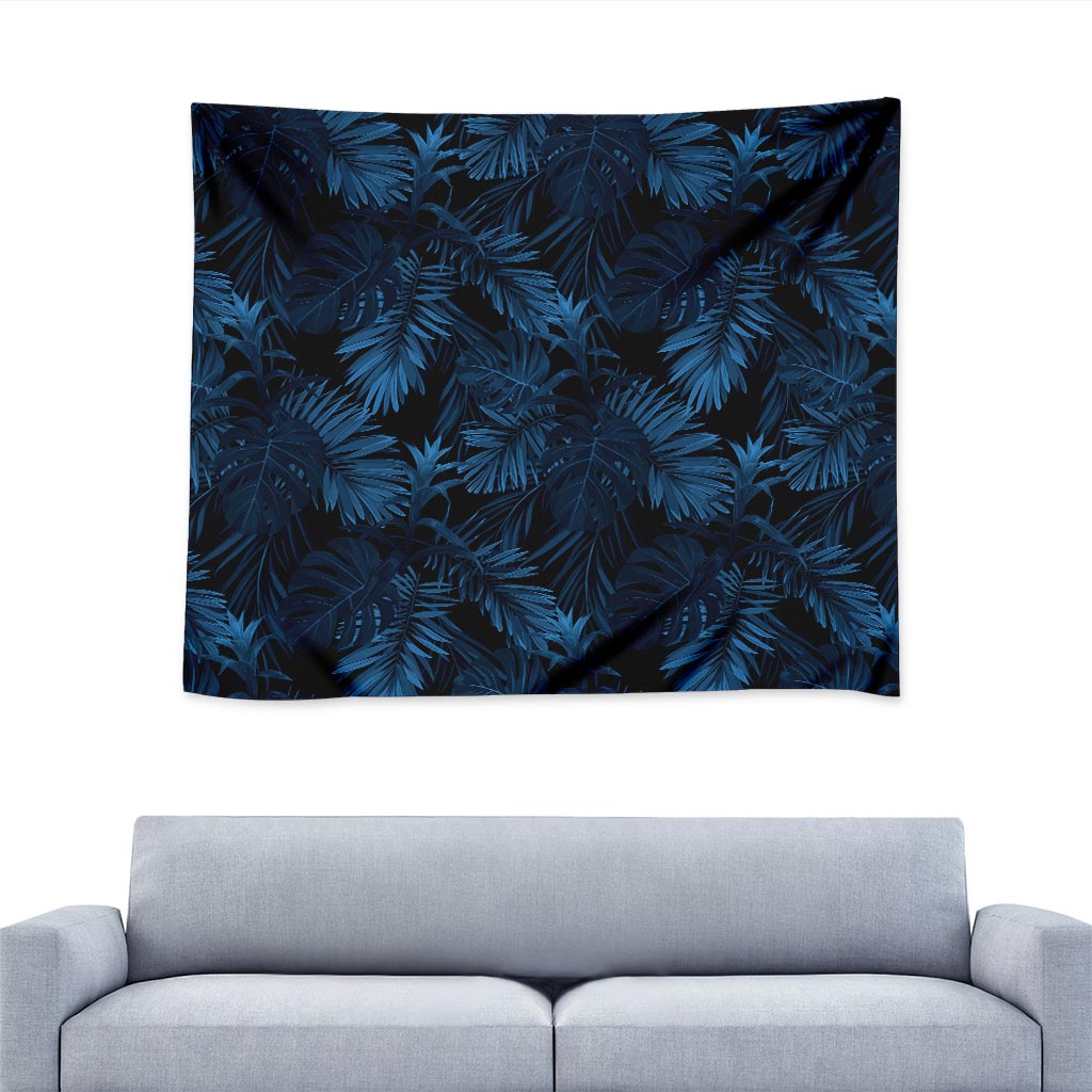 Dark Blue Tropical Leaf Pattern Print Tapestry