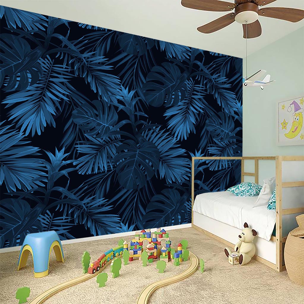 Dark Blue Tropical Leaf Pattern Print Wall Sticker
