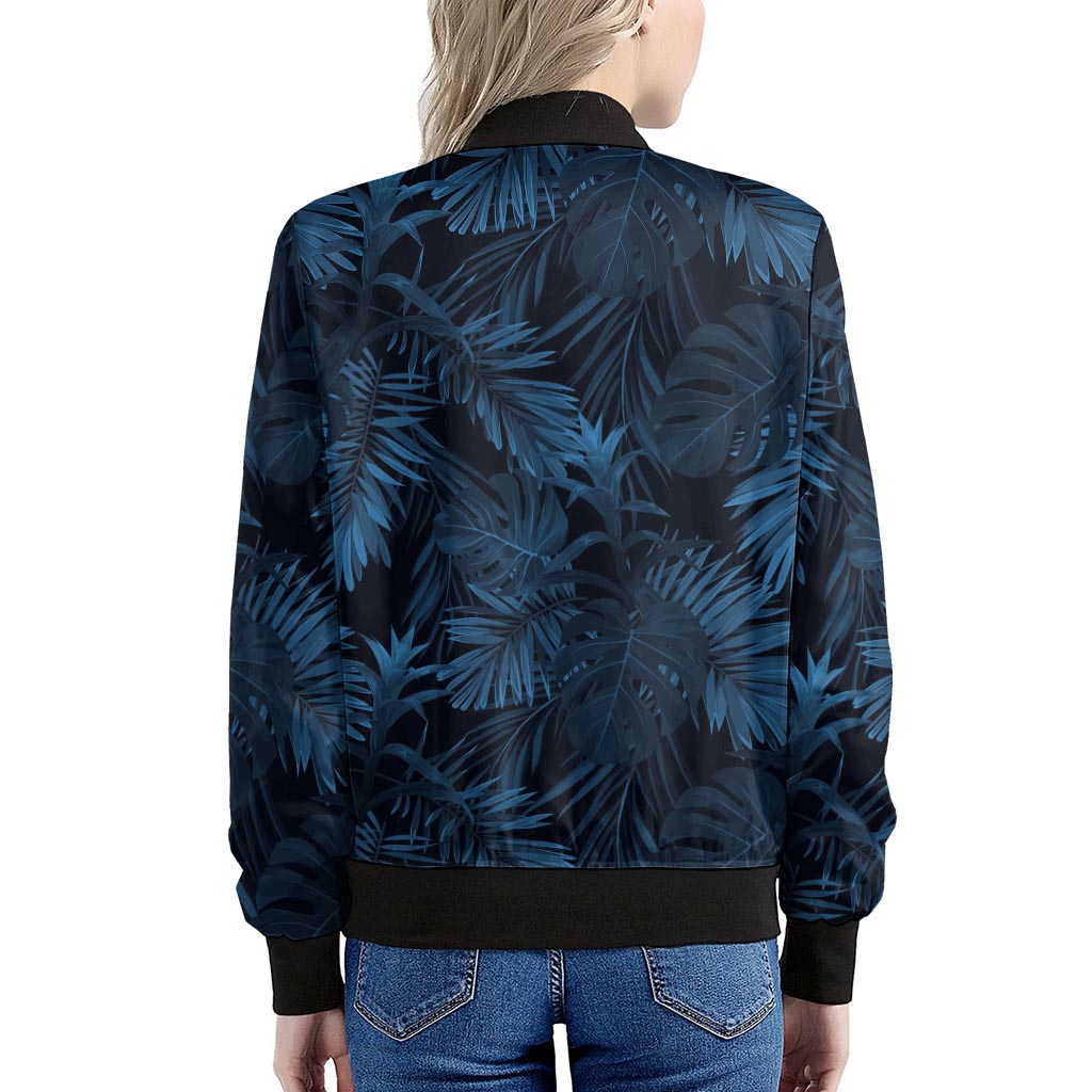 Dark Blue Tropical Leaf Pattern Print Women's Bomber Jacket
