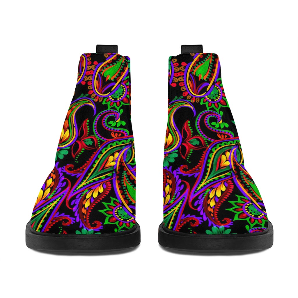 Dark Bohemian Paisley Pattern Print Flat Ankle Boots
