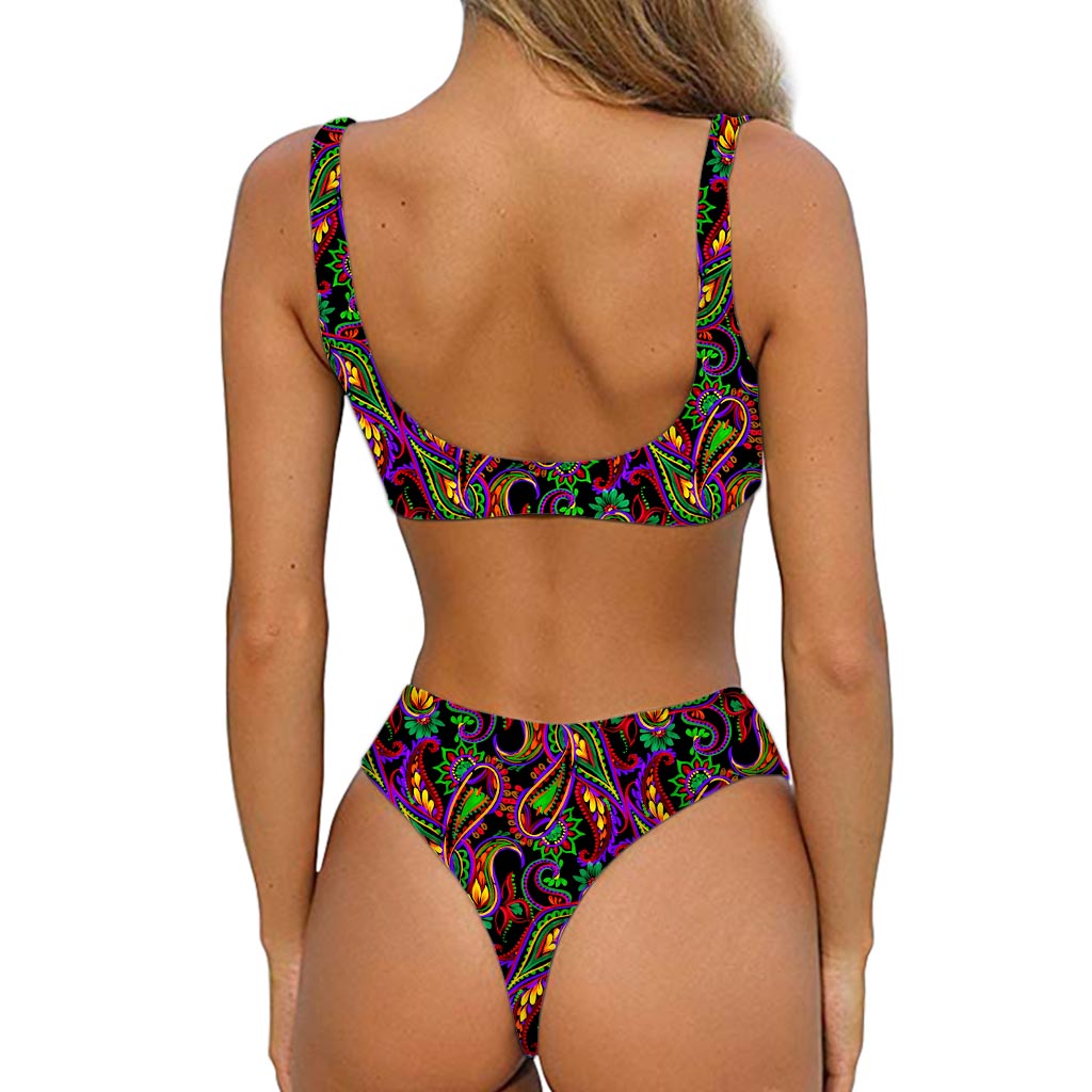 Dark Bohemian Paisley Pattern Print Front Bow Tie Bikini
