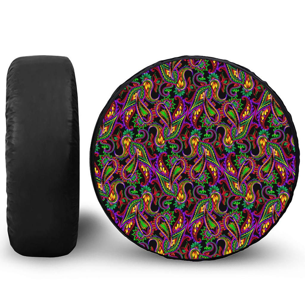 Dark Bohemian Paisley Pattern Print Leather Spare Tire Cover