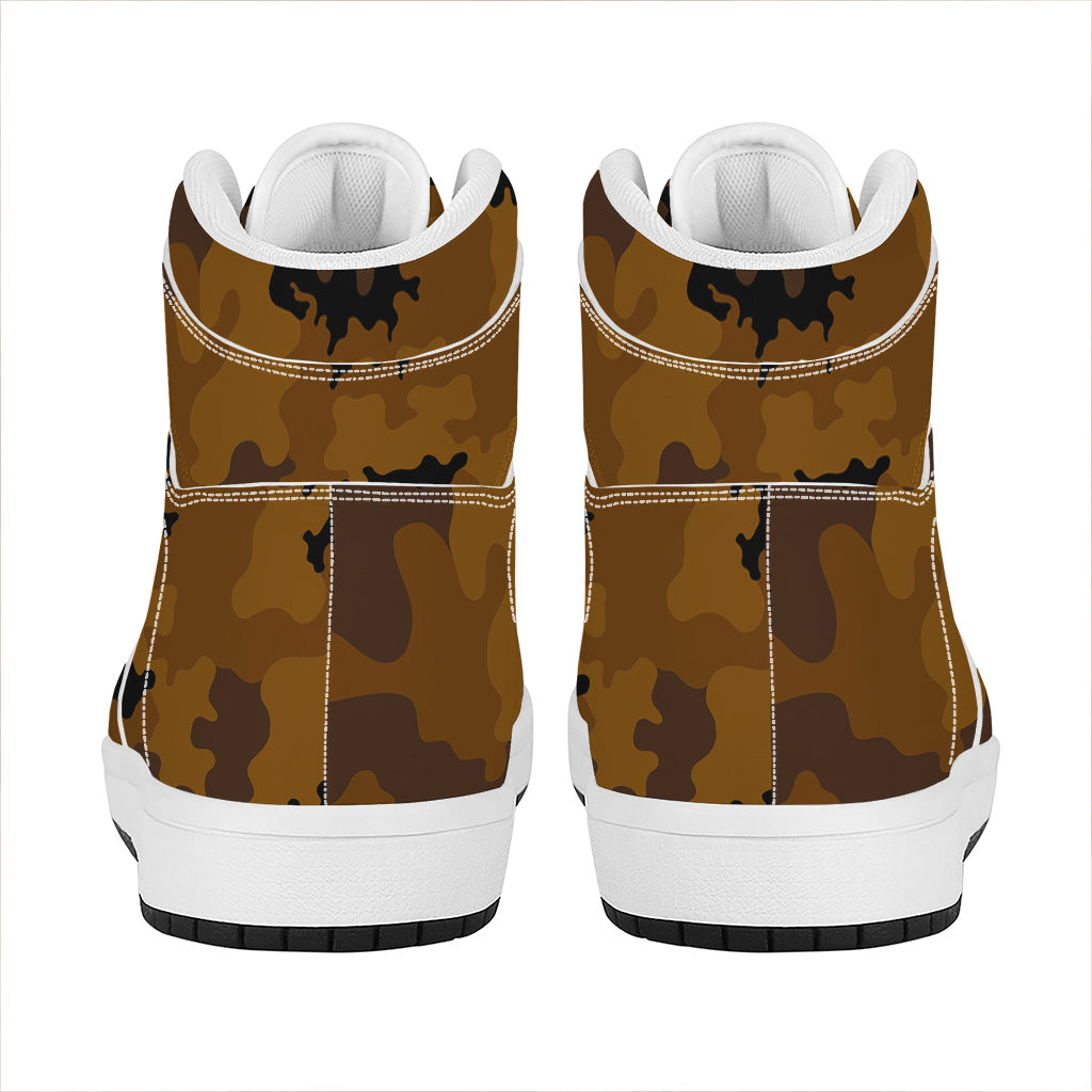 Dark Brown Camouflage Print High Top Leather Sneakers