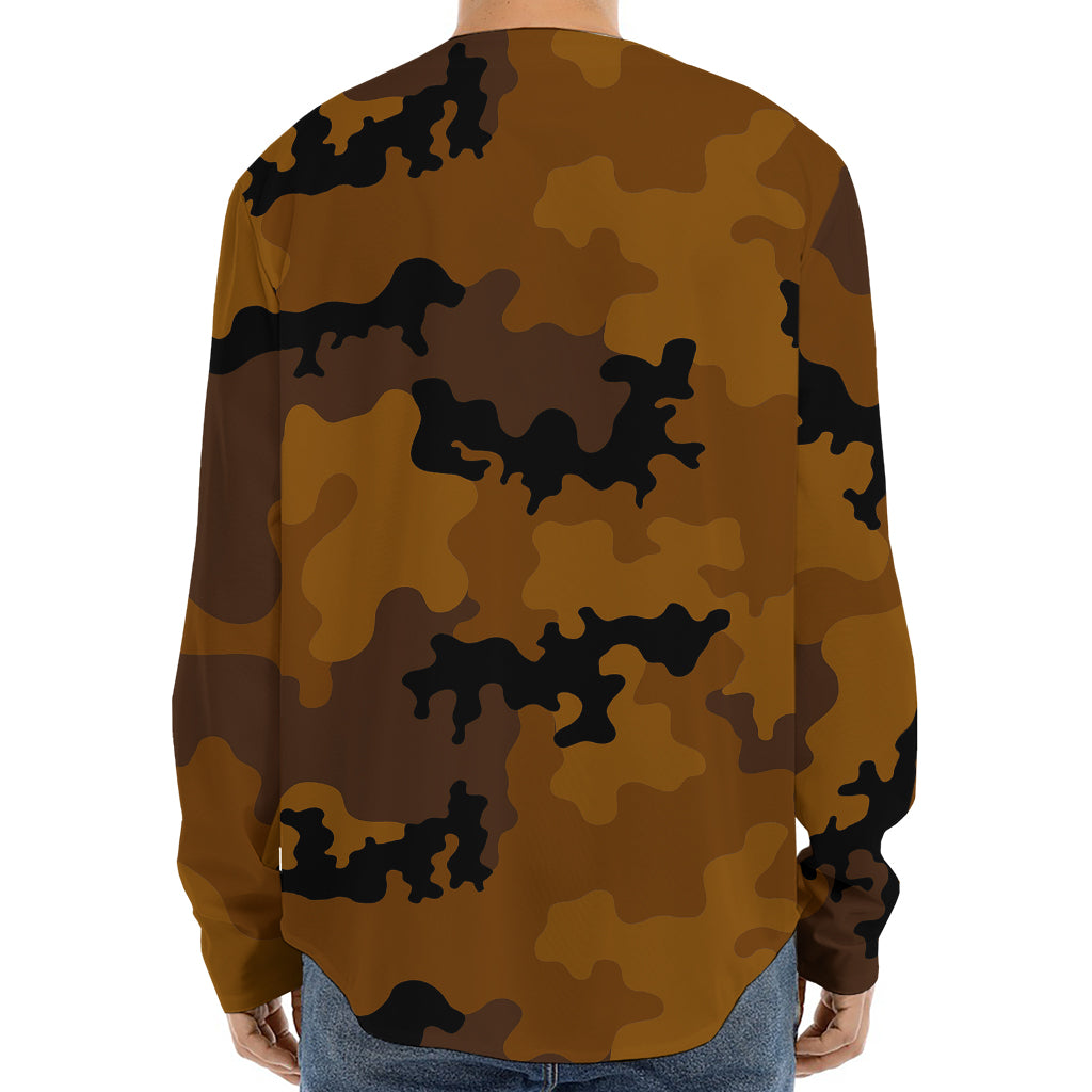 Dark Brown Camouflage Print Long Sleeve Baseball Jersey