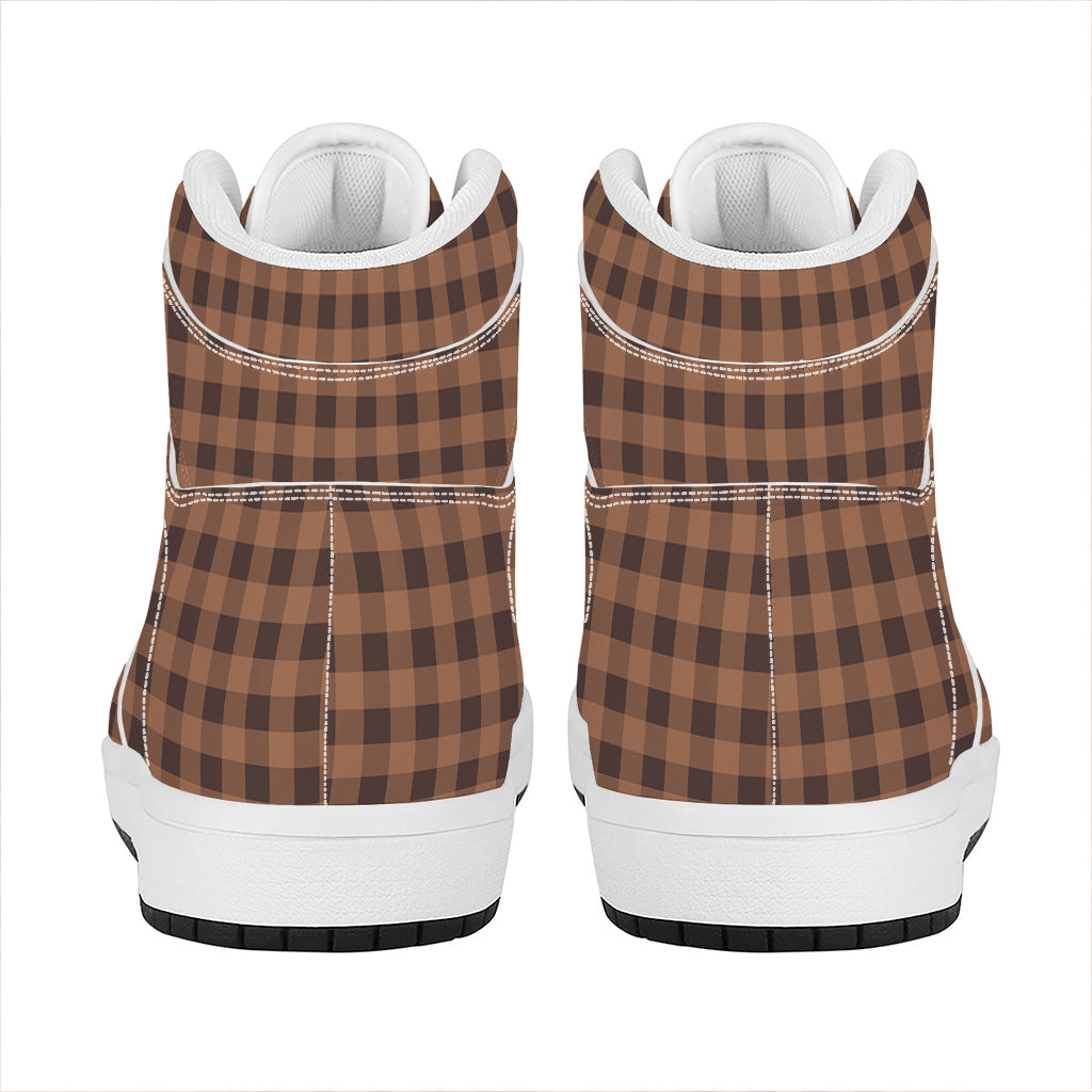 Dark Brown Check Pattern Print High Top Leather Sneakers
