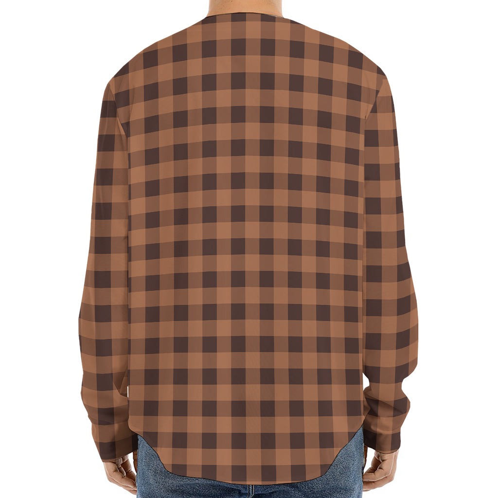 Dark Brown Check Pattern Print Long Sleeve Baseball Jersey