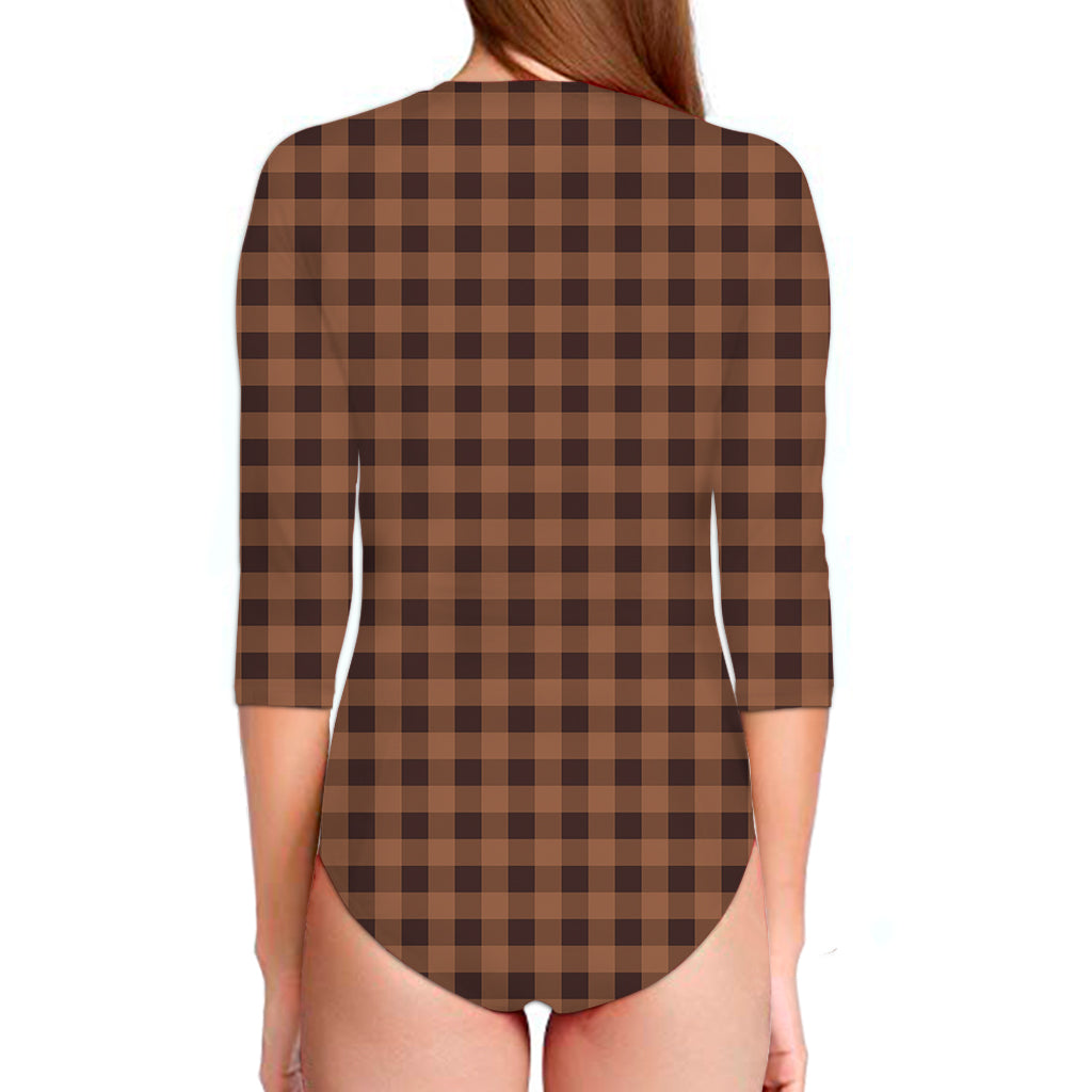 Dark Brown Check Pattern Print Long Sleeve Swimsuit