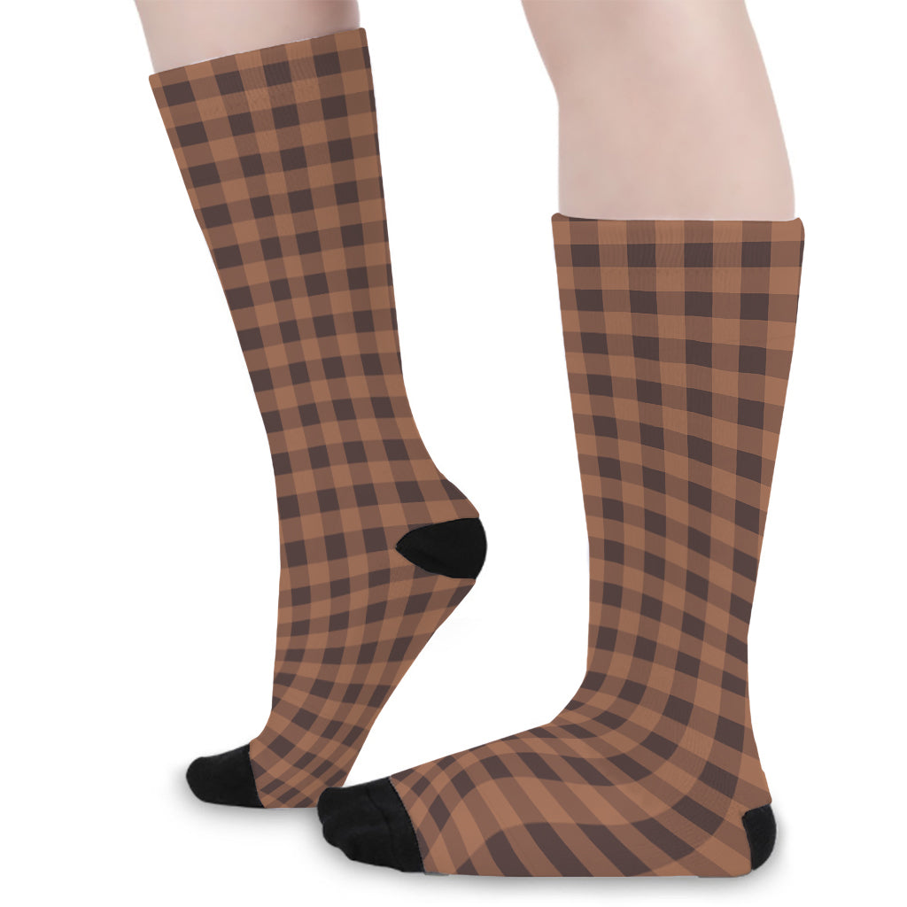 Dark Brown Check Pattern Print Long Socks