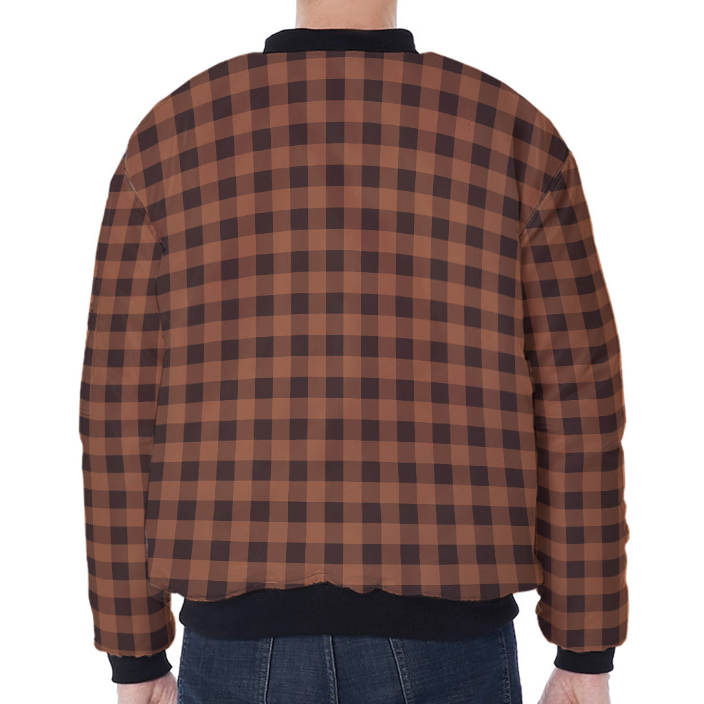 Dark Brown Check Pattern Print Zip Sleeve Bomber Jacket