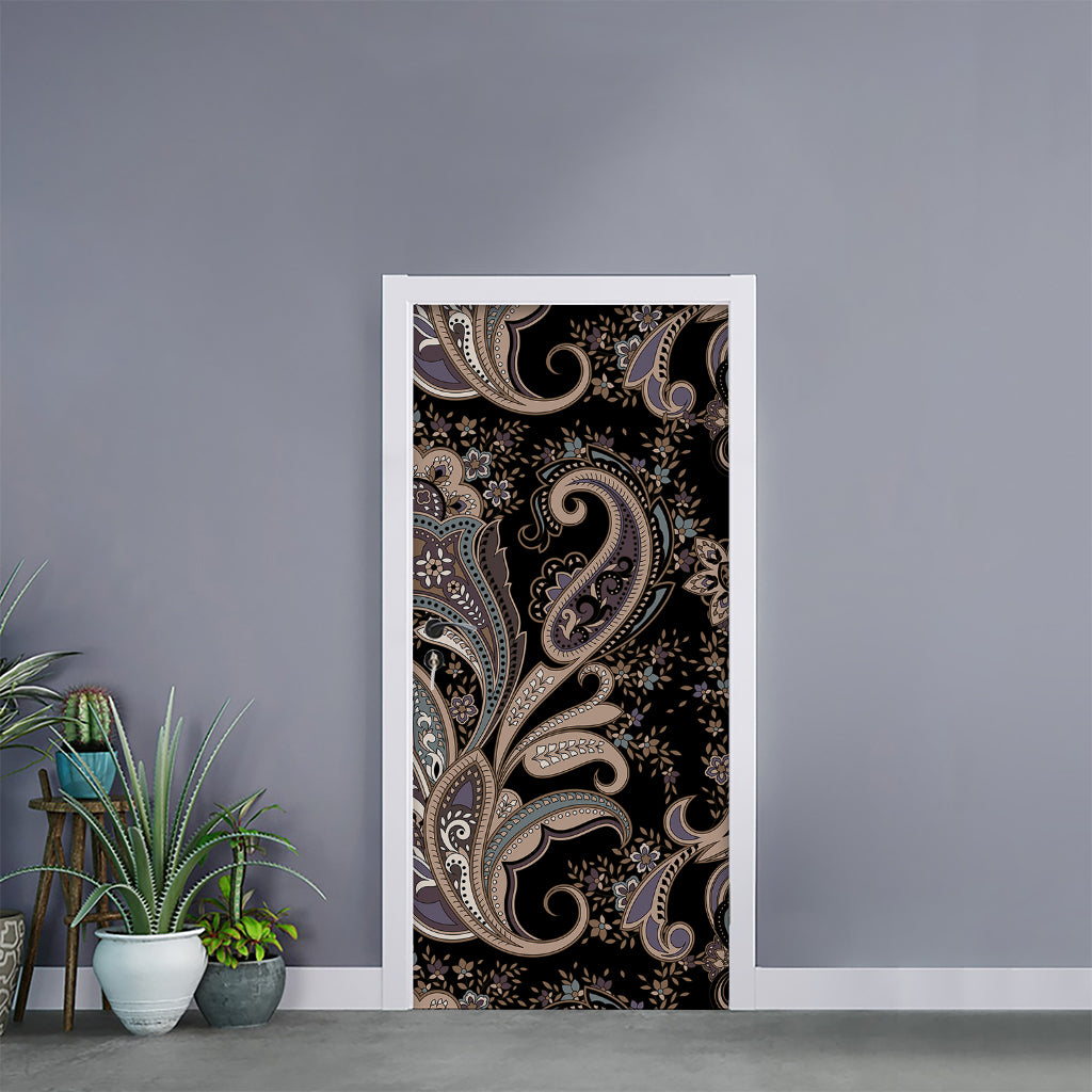 Dark Brown Paisley Pattern Print Door Sticker