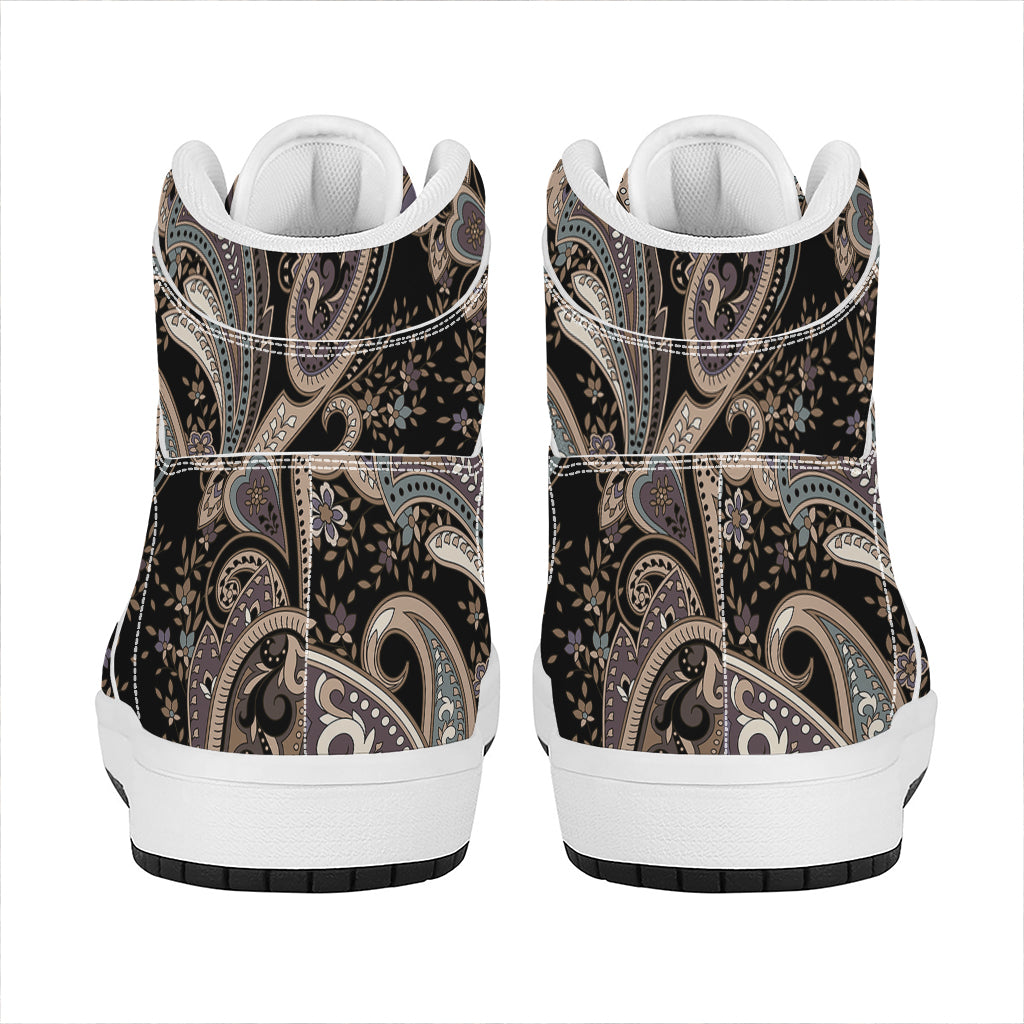 Dark Brown Paisley Pattern Print High Top Leather Sneakers