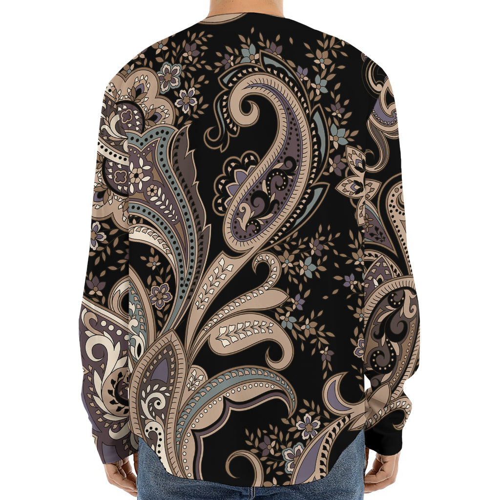 Dark Brown Paisley Pattern Print Long Sleeve Baseball Jersey