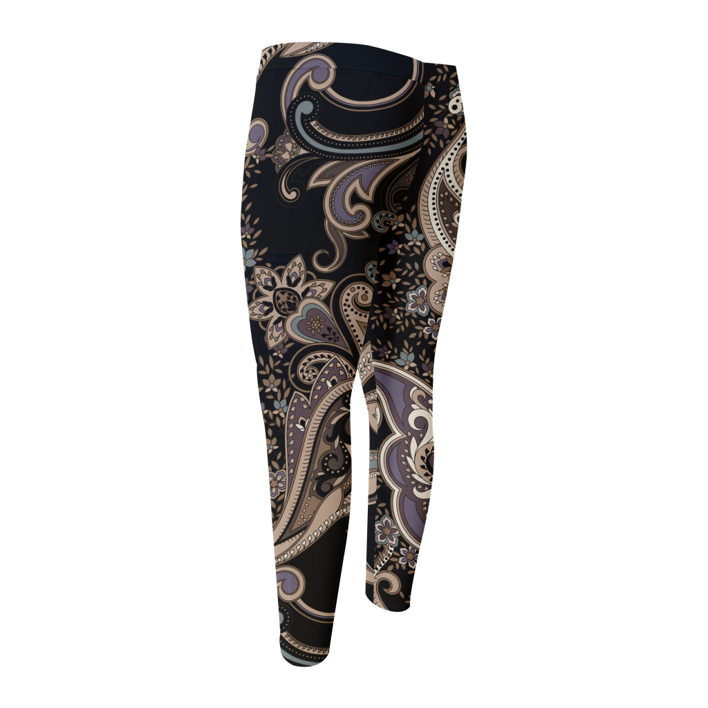 Dark Brown Paisley Pattern Print Men's Compression Pants