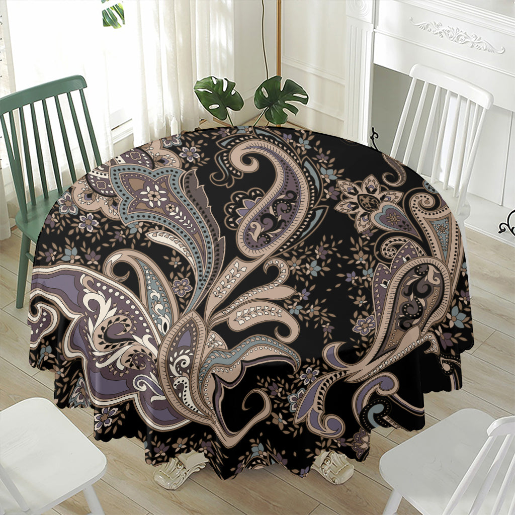 Dark Brown Paisley Pattern Print Waterproof Round Tablecloth