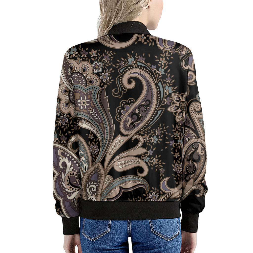 Dark Brown Paisley Pattern Print Women's Bomber Jacket