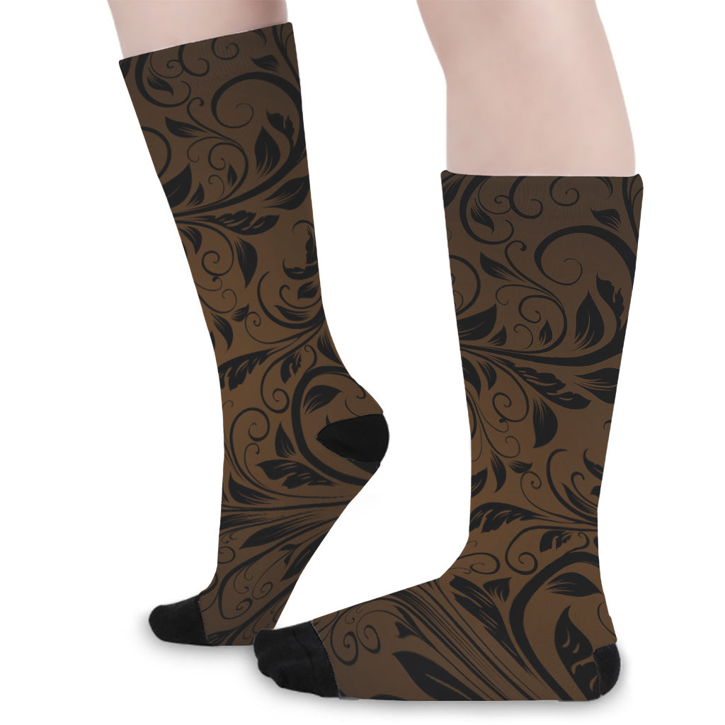 Dark Brown Western Damask Print Long Socks