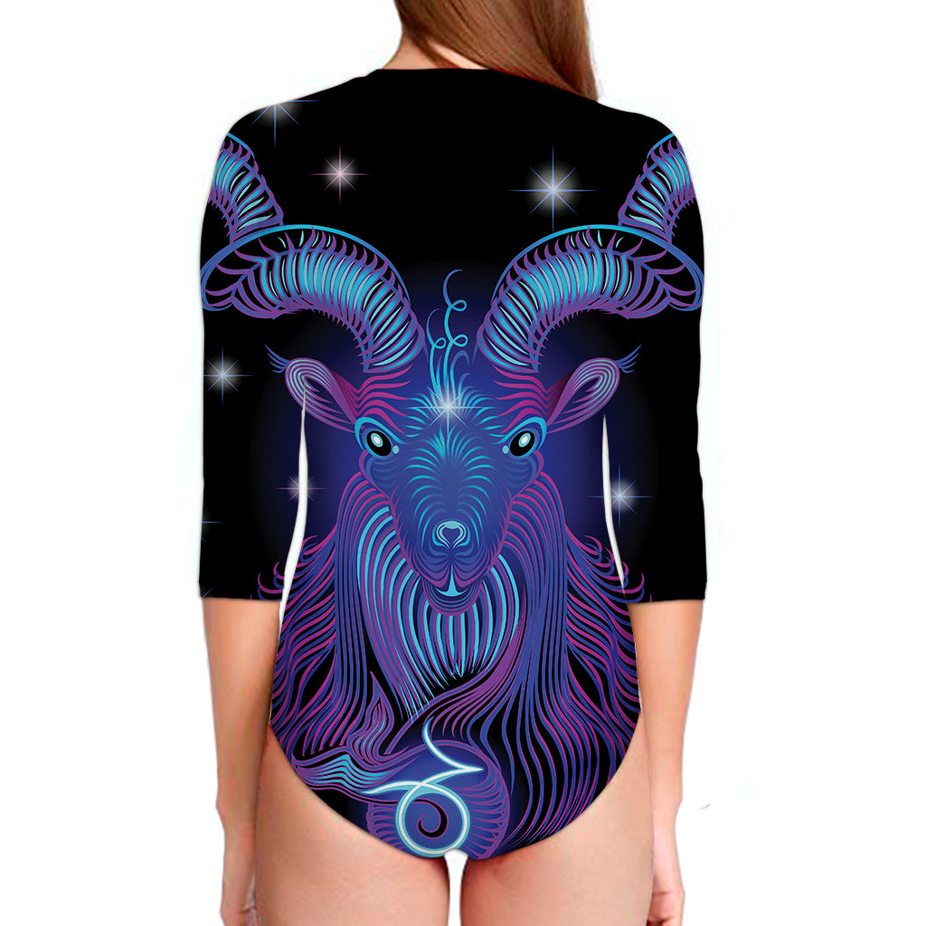 Dark Capricorn Zodiac Sign Print Long Sleeve Swimsuit