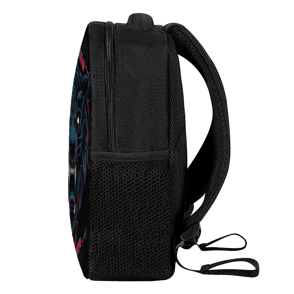 Dark Geometric Wolf Print Casual Backpack