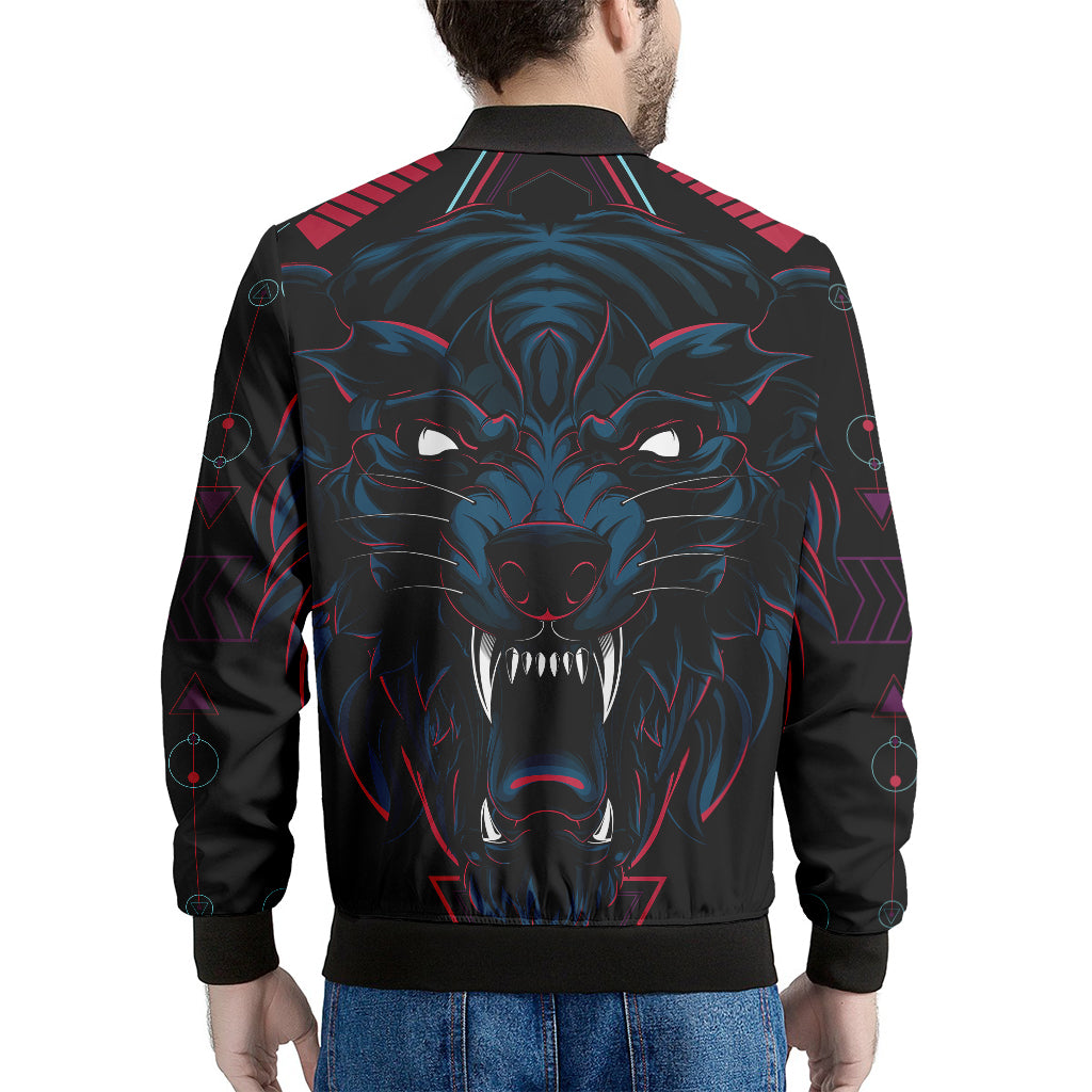 Dark Geometric Wolf Print Men's Bomber Jacket