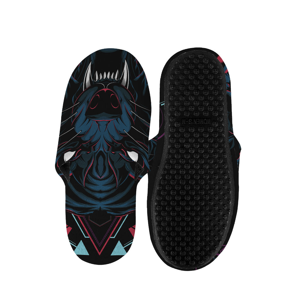 Dark Geometric Wolf Print Slippers