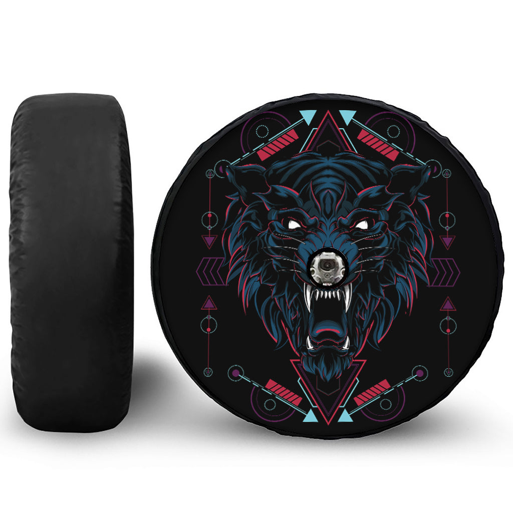Dark Geometric Wolf Print Tire Cover With Camera Hole