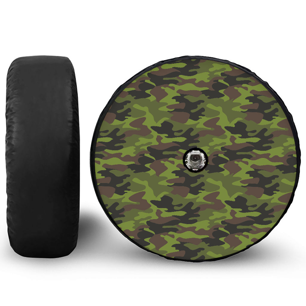 Dark Green And Black Camouflage Print Tire Cover With Camera Hole