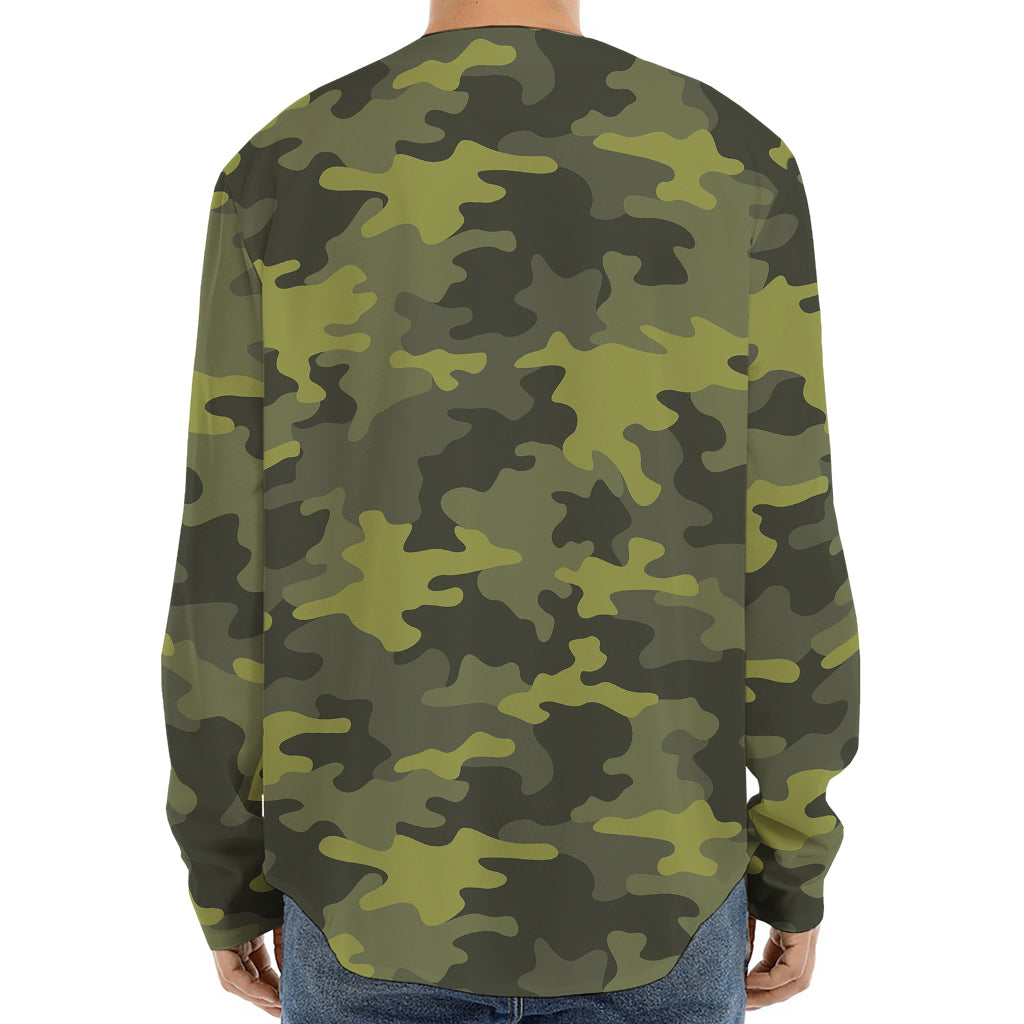 Dark Green Camouflage Print Long Sleeve Baseball Jersey