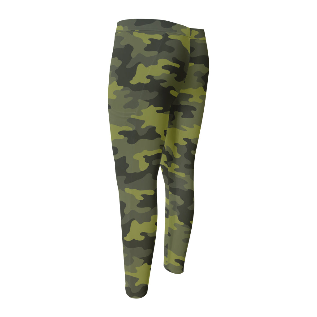 Dark Green Camouflage Print Men's Compression Pants