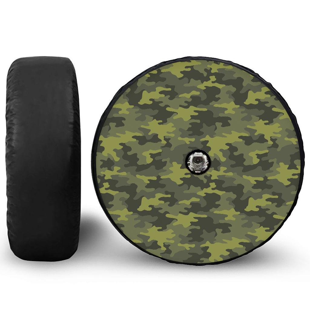 Dark Green Camouflage Print Tire Cover With Camera Hole