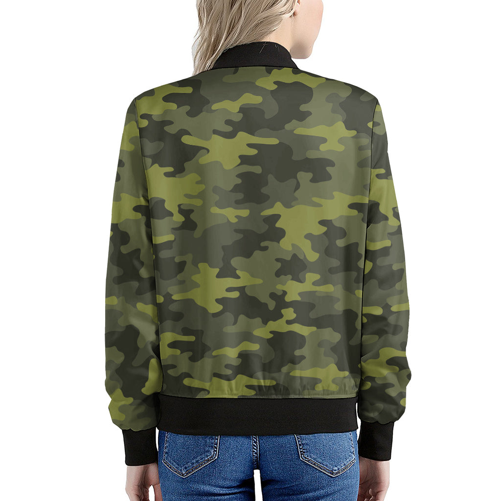 Dark Green Camouflage Print Women's Bomber Jacket