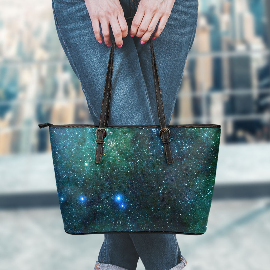 Dark Green Galaxy Space Print Leather Tote Bag