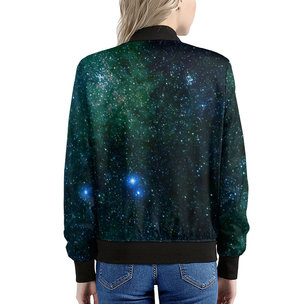 Dark Green Galaxy Space Print Women's Bomber Jacket