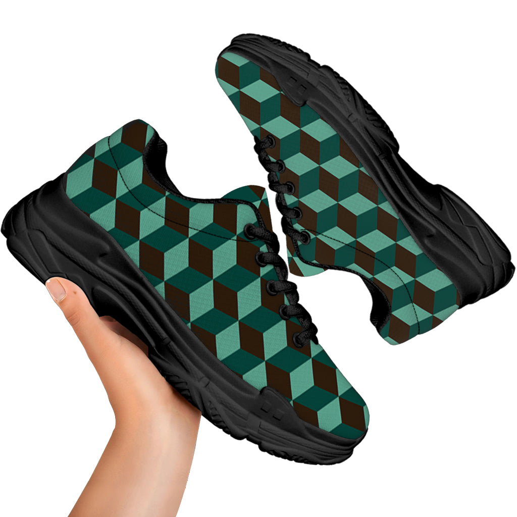 Dark Green Geometric Cube Pattern Print Black Chunky Shoes