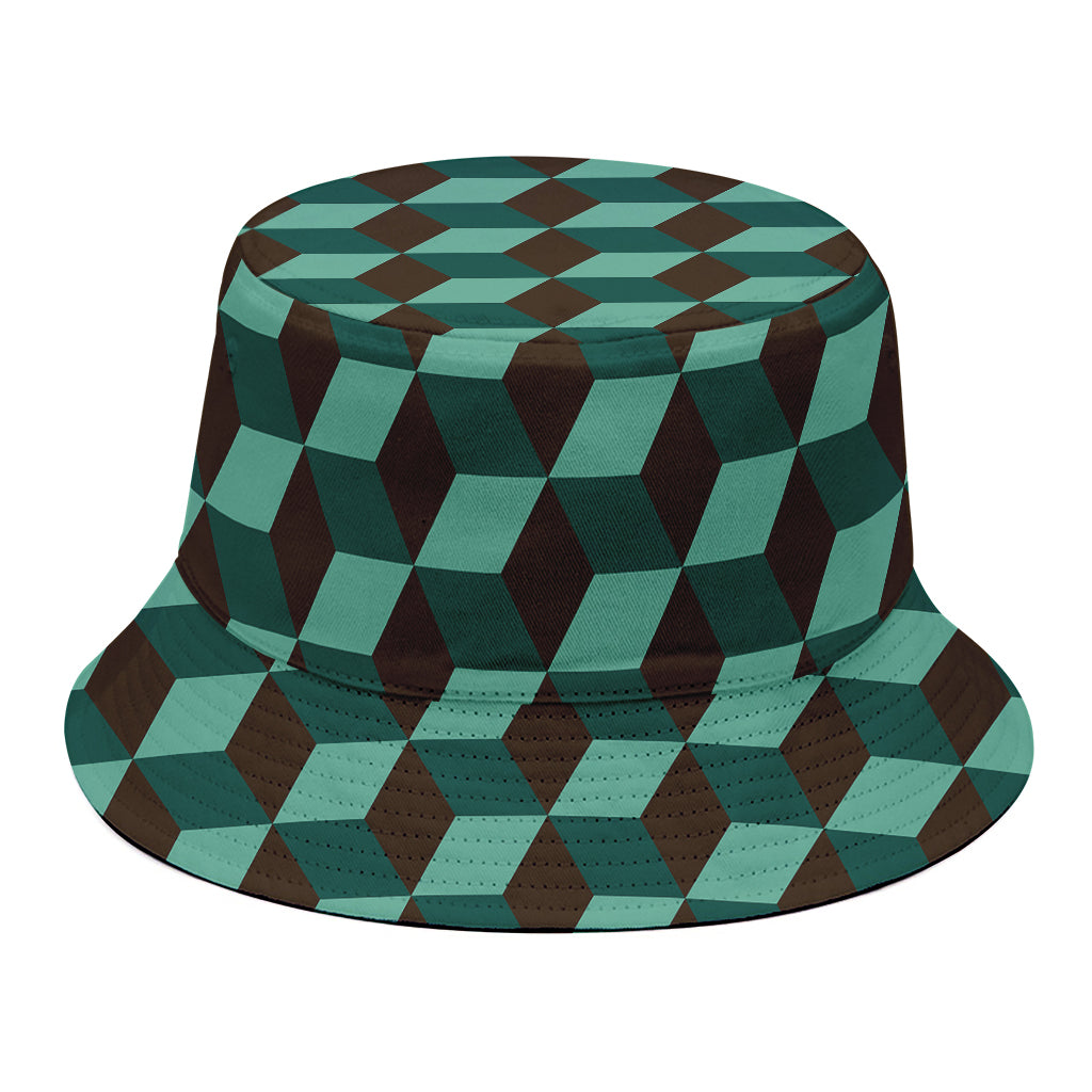 Dark Green Geometric Cube Pattern Print Bucket Hat