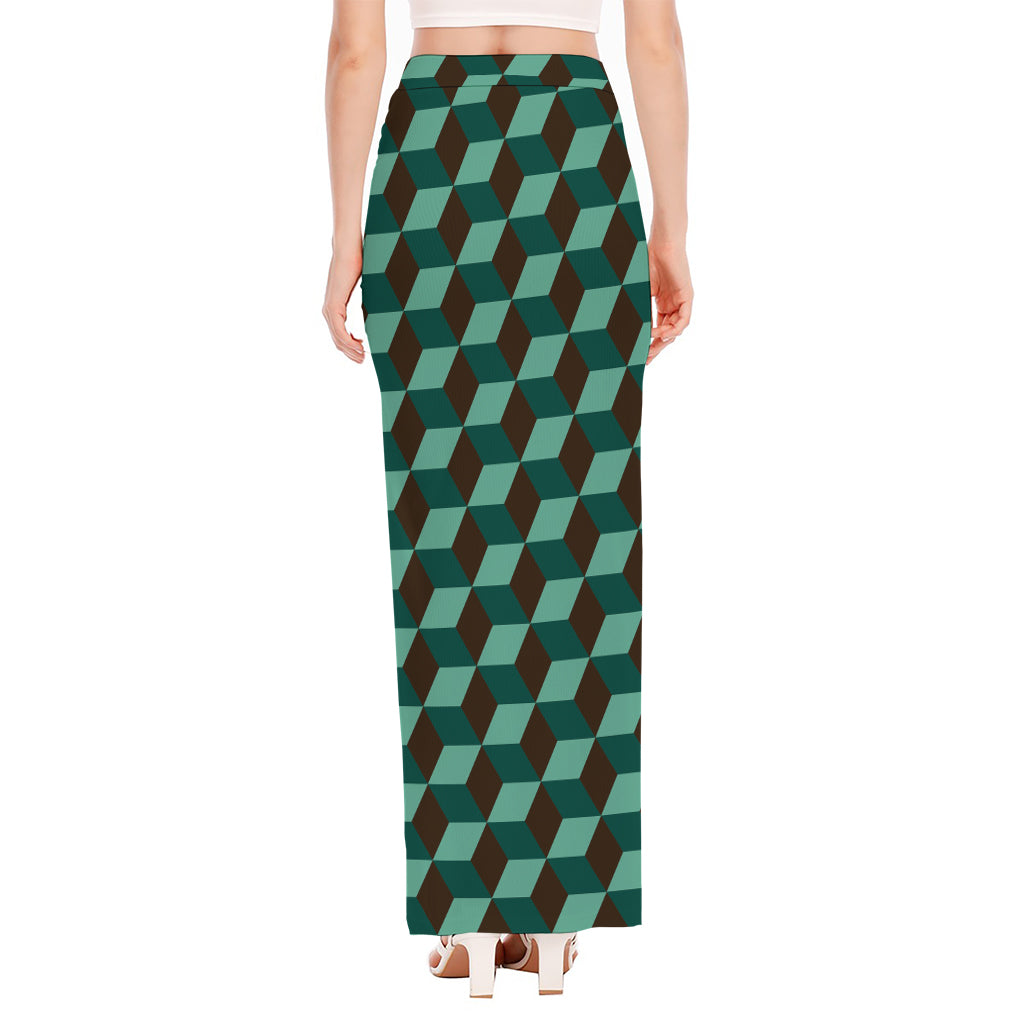 Dark Green Geometric Cube Pattern Print High Slit Maxi Skirt