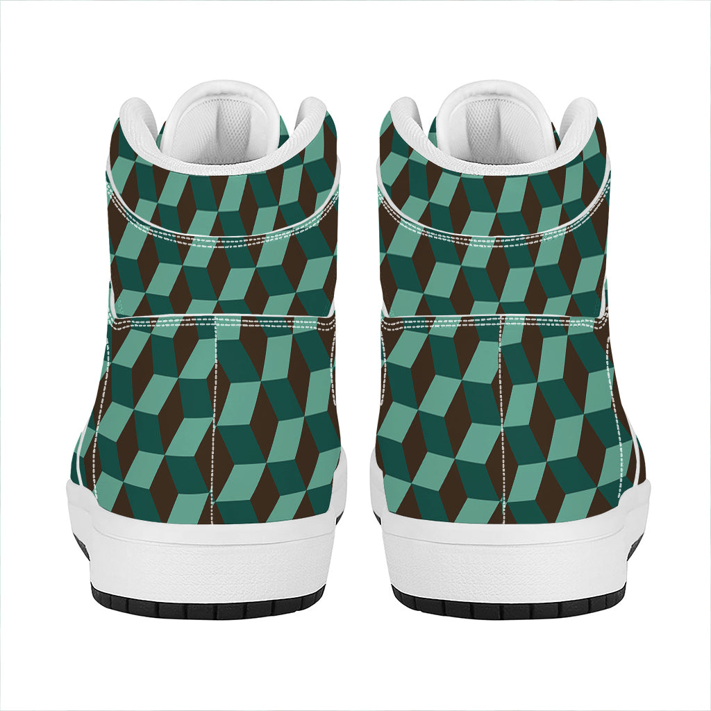 Dark Green Geometric Cube Pattern Print High Top Leather Sneakers