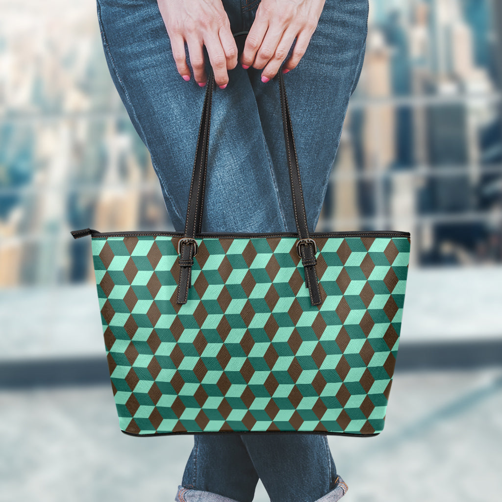 Dark Green Geometric Cube Pattern Print Leather Tote Bag