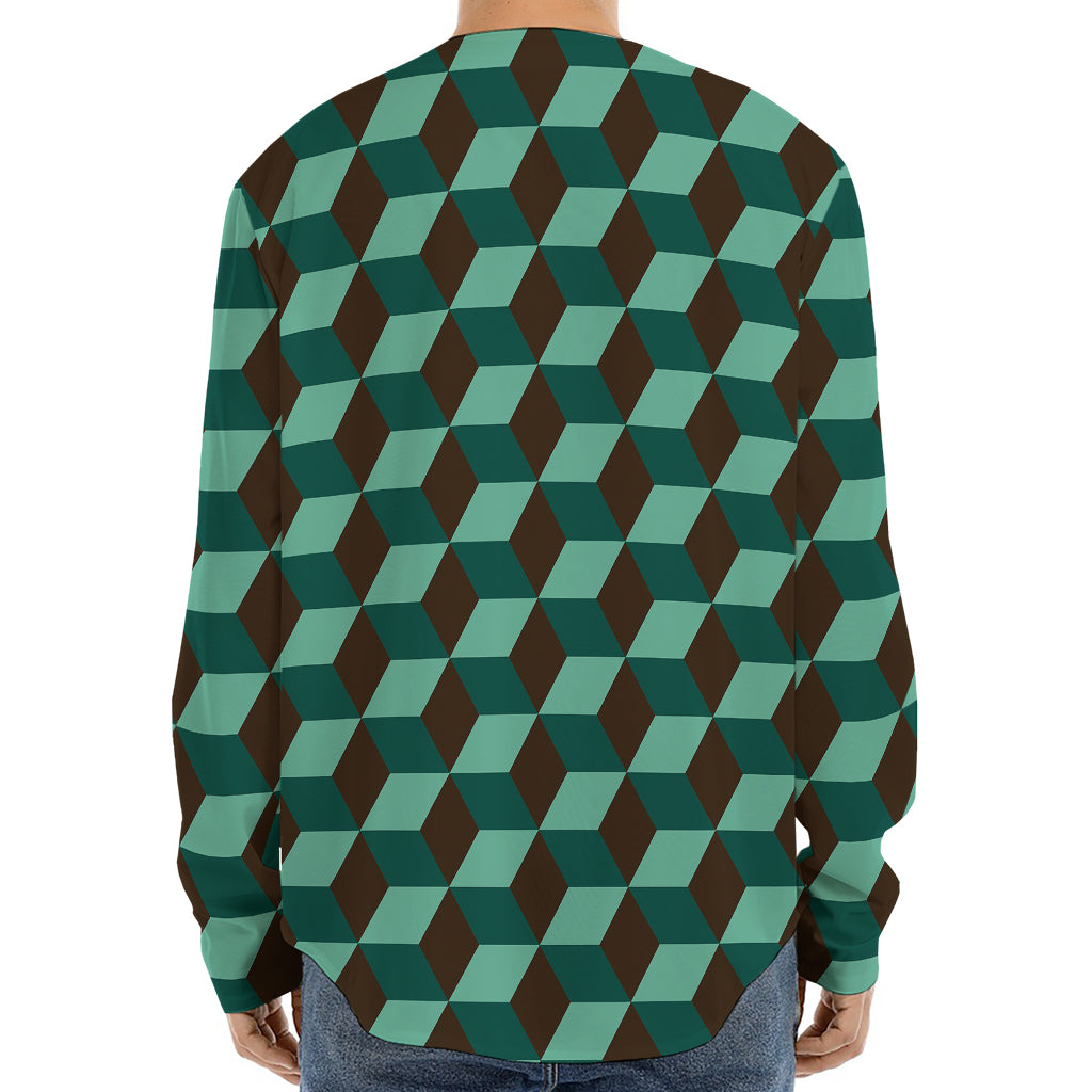 Dark Green Geometric Cube Pattern Print Long Sleeve Baseball Jersey