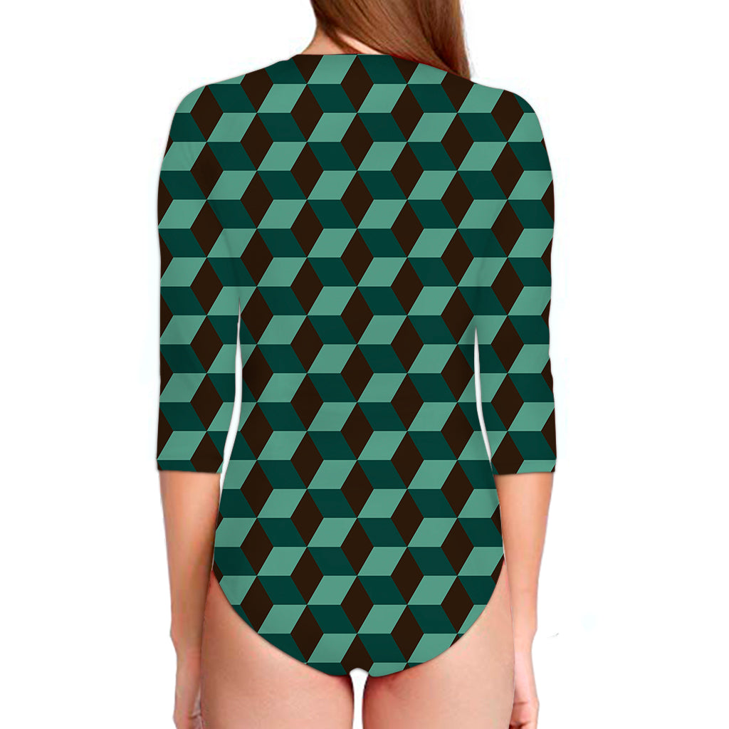 Dark Green Geometric Cube Pattern Print Long Sleeve Swimsuit
