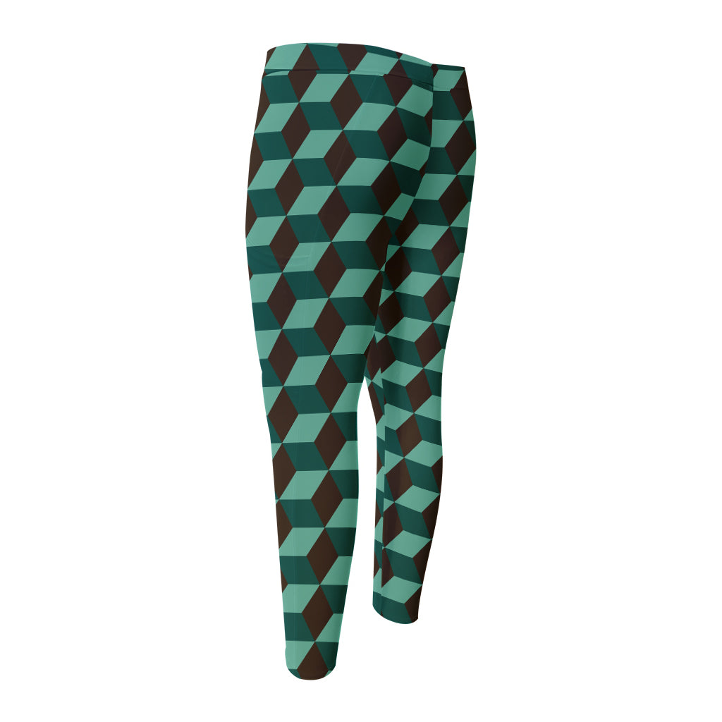 Dark Green Geometric Cube Pattern Print Men's Compression Pants