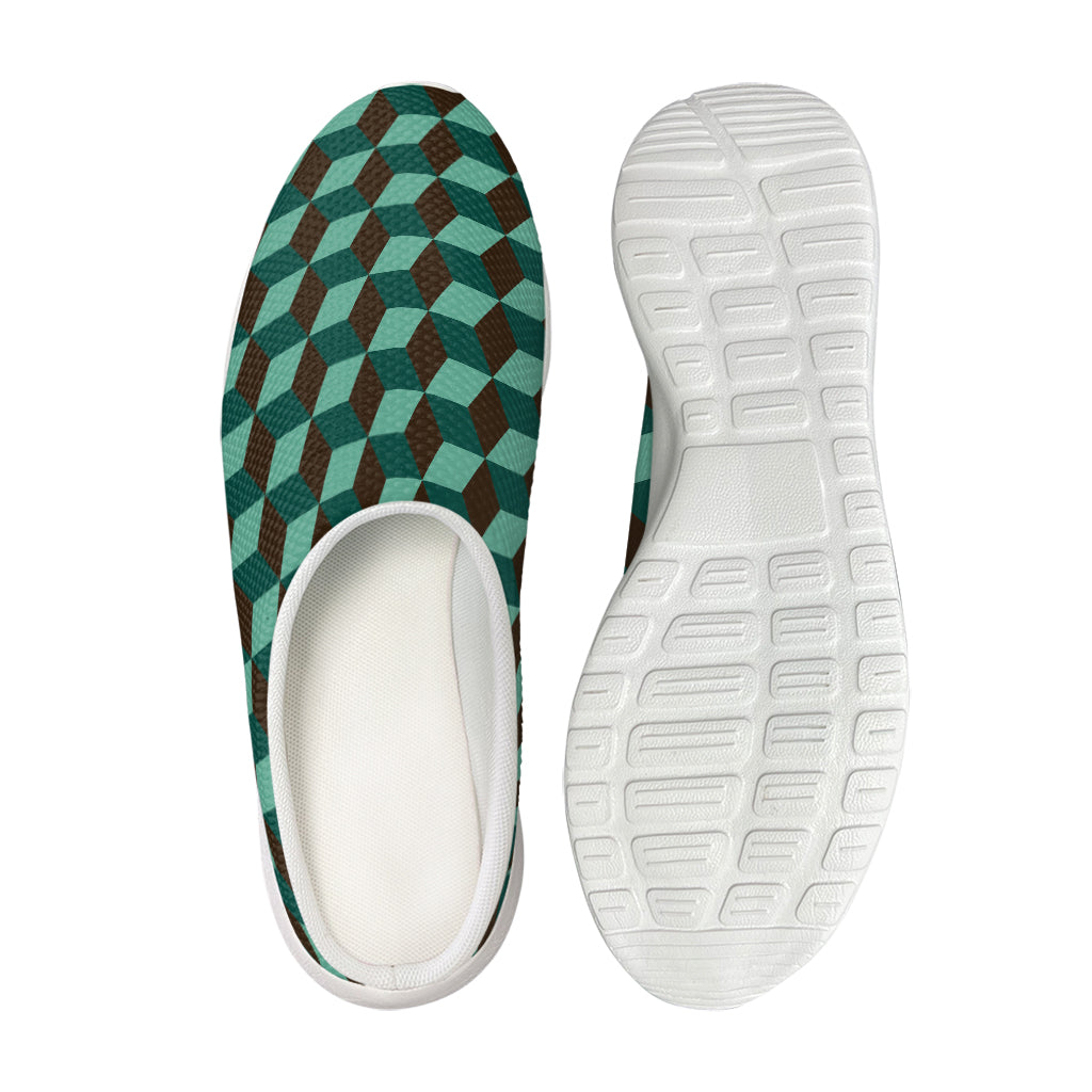 Dark Green Geometric Cube Pattern Print Mesh Casual Shoes