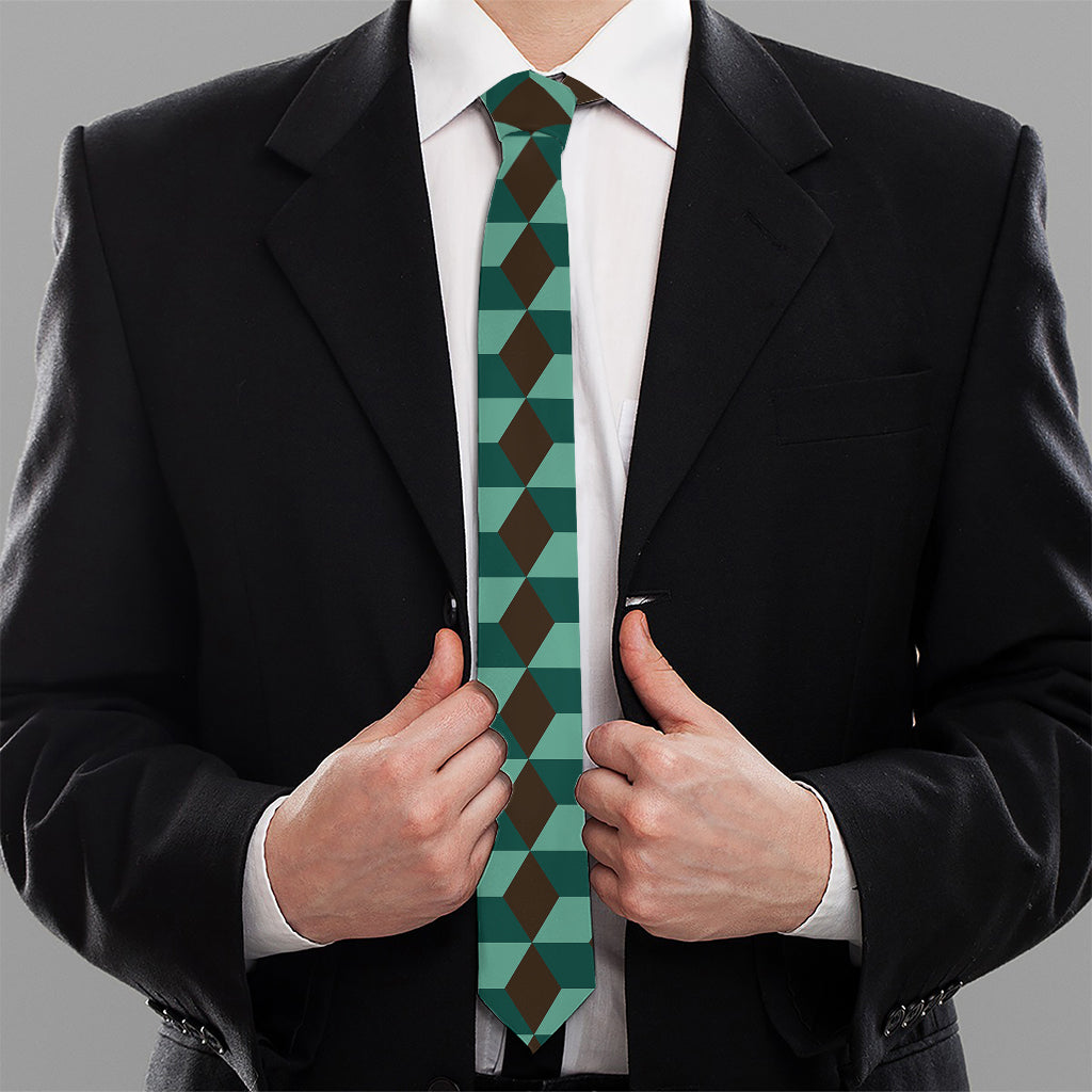Dark Green Geometric Cube Pattern Print Necktie