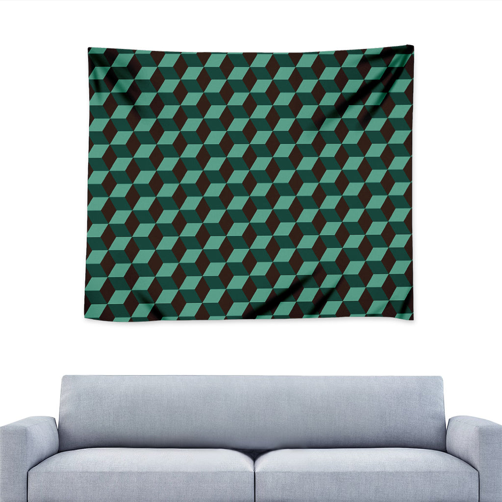 Dark Green Geometric Cube Pattern Print Tapestry