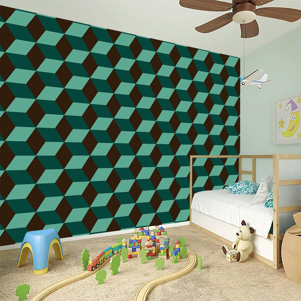 Dark Green Geometric Cube Pattern Print Wall Sticker