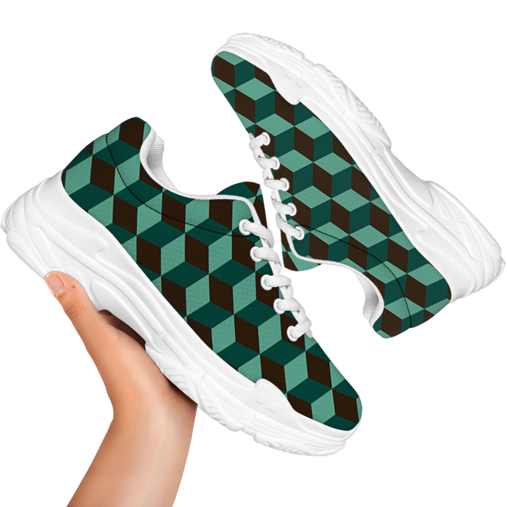 Dark Green Geometric Cube Pattern Print White Chunky Shoes