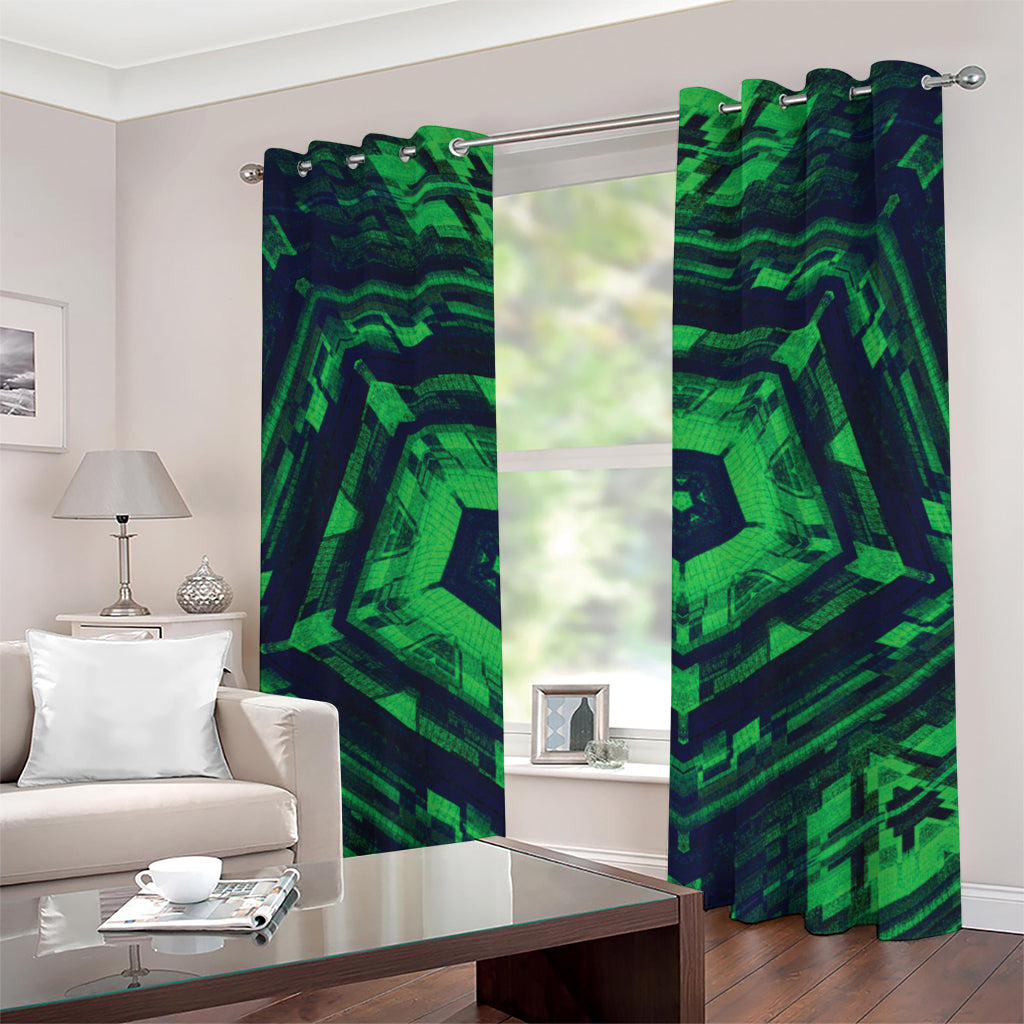 Dark Green Kaleidoscope Print Grommet Curtains