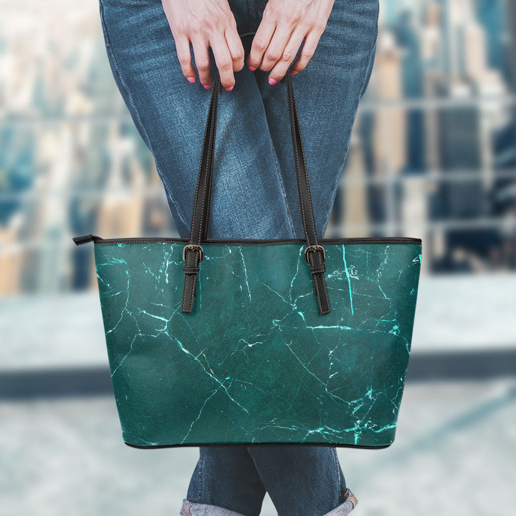 Dark Green Marble Print Leather Tote Bag